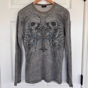 Men's Gray and Blue Graphic Long Sleeve Tee